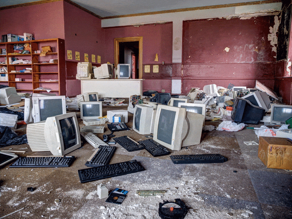A room of discarded computers at the First English Church in Detroit, Michigan.
