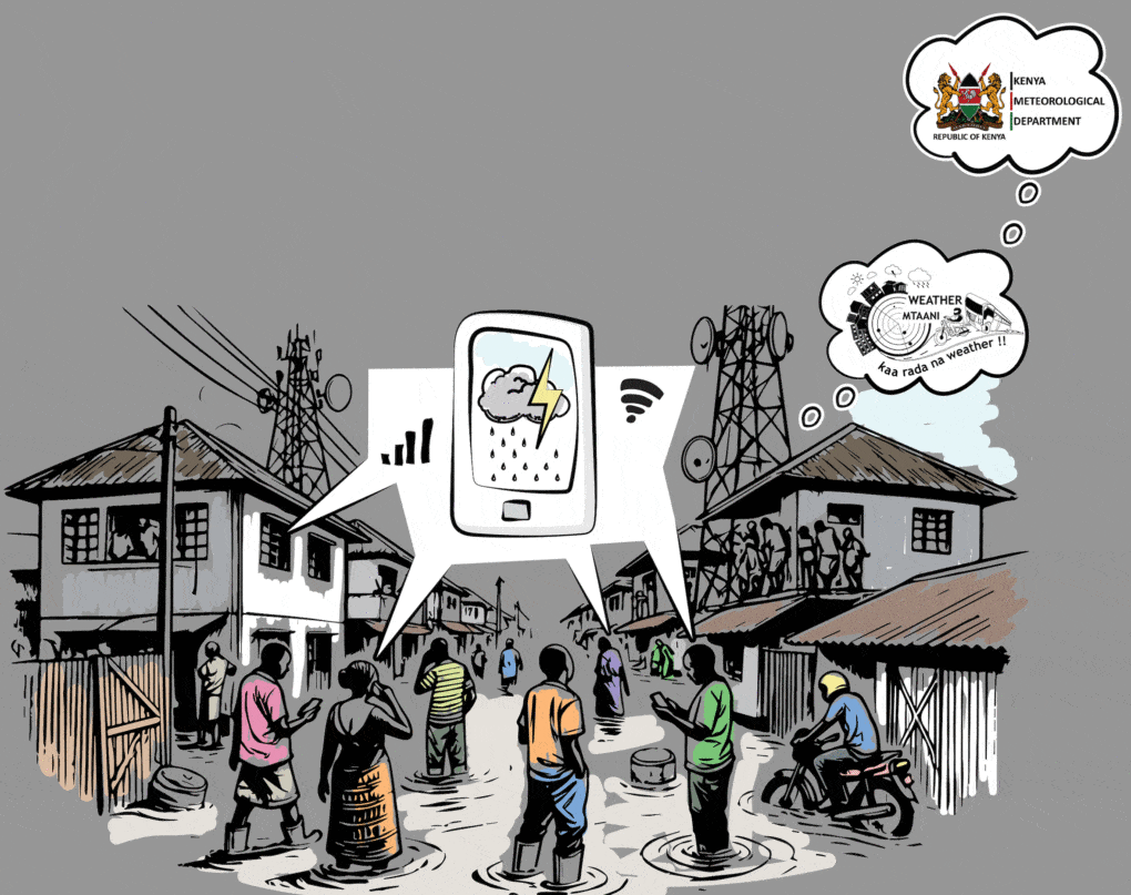 Community agency in Kibera, an informal settlement in Nairobi, in the aftermath of the May 2024 floods. Illustration by Gloria Tanui. 