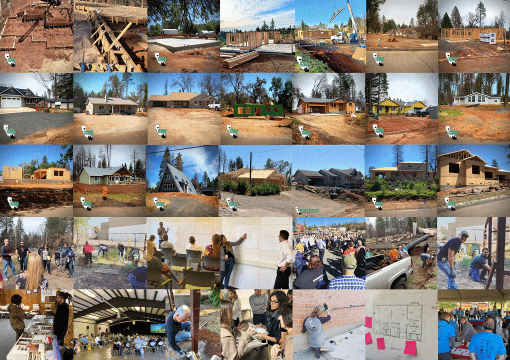 Volunteer efforts to prepare land parcels and to rebuild housing in Paradise, California, after the 2018 Camp Fire.