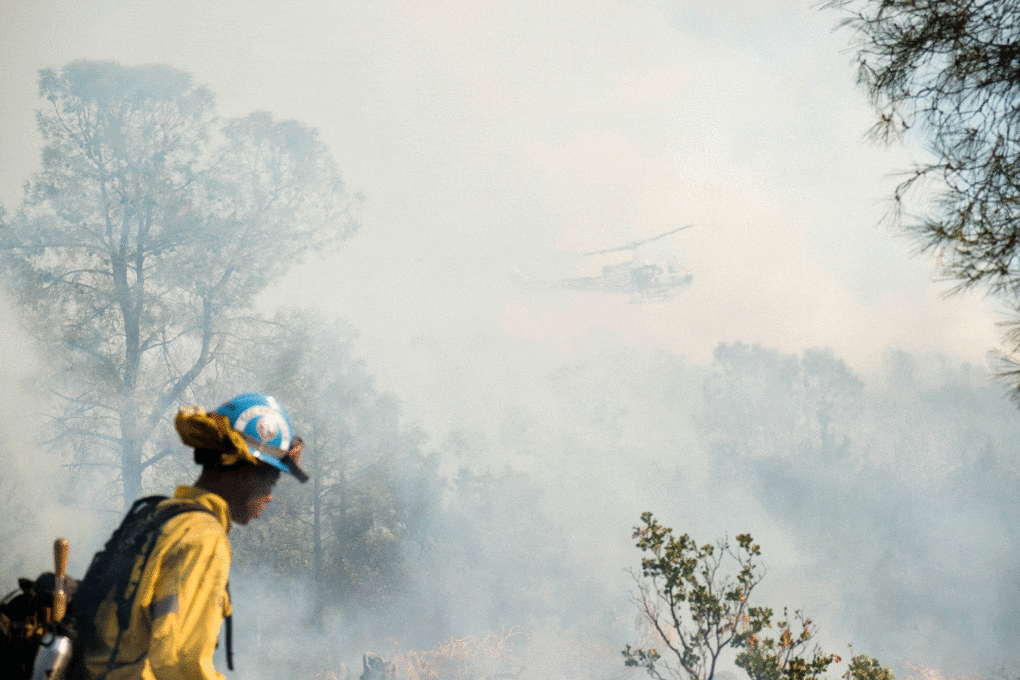 A crew member of the California Conservation Corps ("Hard Work, Low Pay, Miserable Conditions, and More!" is their motto) works the fire line above Cave Creek Valley on a prescribed burn while a CalFire helicopter pilot lights the forest aflame from above, November 11, 2023.
