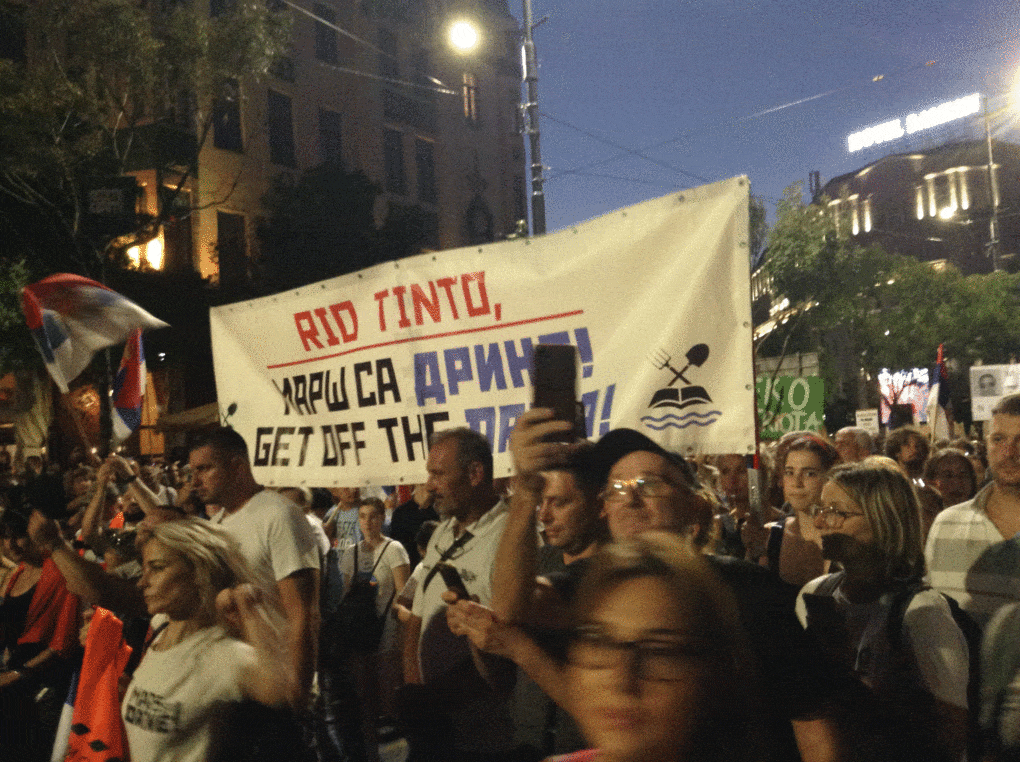 In Belgrade, a protest against lithium mining, August 2024. The sign reads: “Rio Tinto, get off the Drina!”