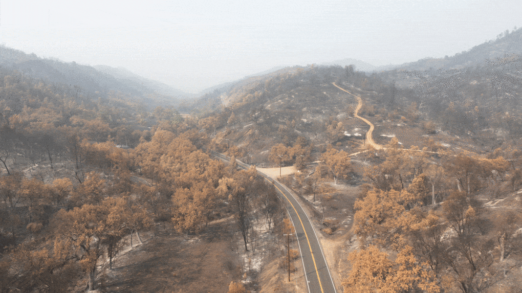 Along Route 128 near Lake Berryessa in Napa County, a high to very high fire hazard severity zone, just after the LNU Complex Fire in 2020.