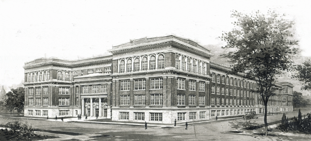 Tilden Technical High School, on the south side of Chicago, designed by architect Dwight H. Perkins, ca. 1904. Illustration by Arthur F. Hussander.