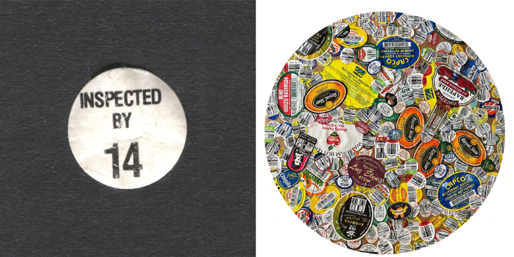 Left: Garment inspection sticker. Right: Joan Ockman, Sourcery (What I Ate Last Year), collage, 2023