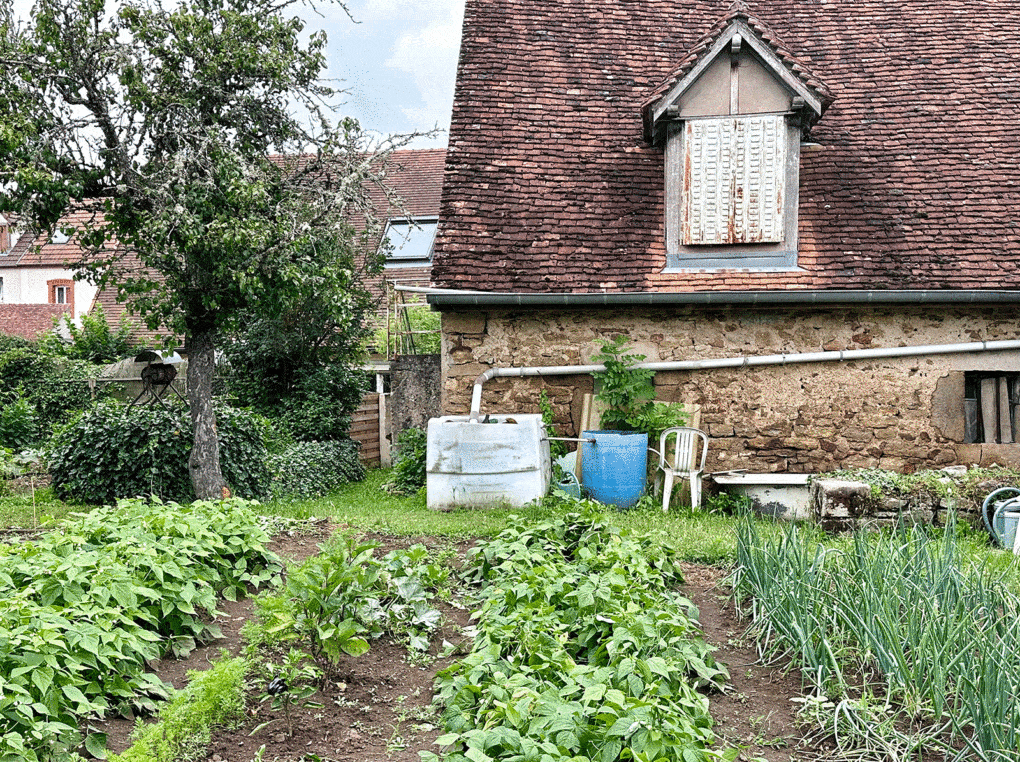 Rainwater collection cisterns made of upcycled tanks and a bathtub, for use in a vegetable garden, Arnay-le-Duc, Burgundy, France.