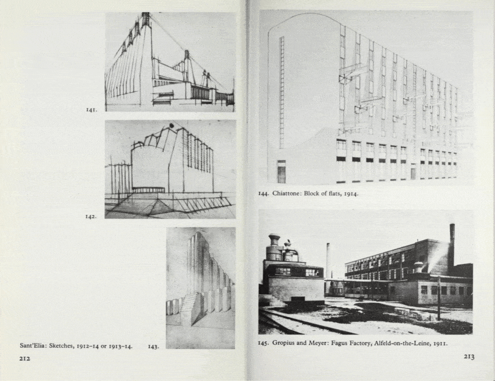 Pages from Sigfried Giedion’s Space, Time and Architecture: The Growth of a New Tradition, and Nikolaus Pevsner’s Pioneers of Modern Design: From William Morris to Walter Gropius. Note the discrepancy in the dating of the Fagus Factory in Alfeld an der Leine. 