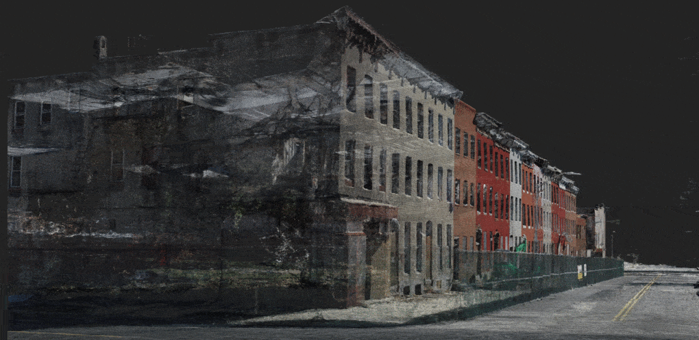 Point cloud image of abandoned buildings in Baltimore, derived from high-resolution photogrammetric scans. 