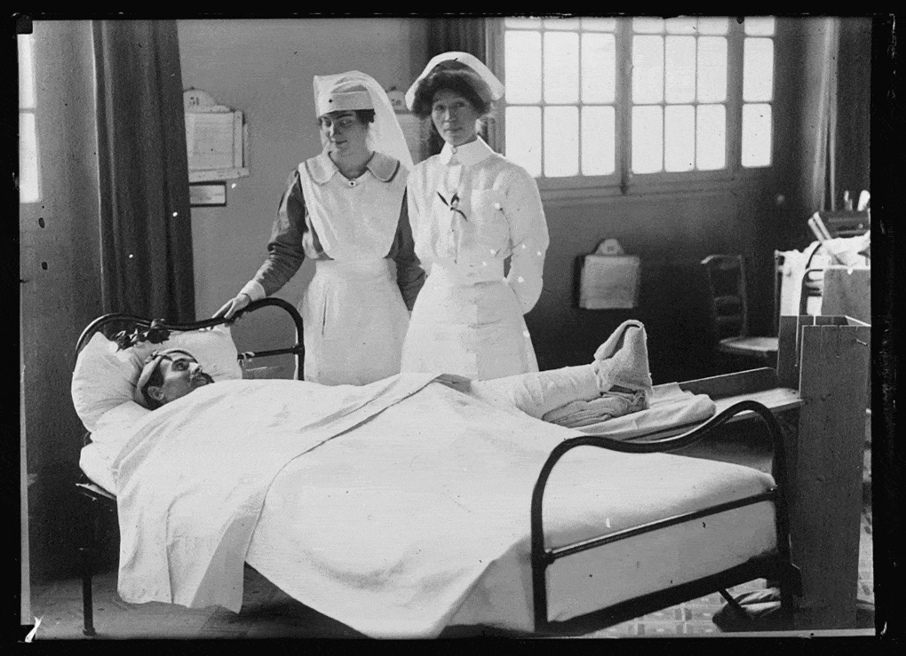 Nurses and patient at American Military Hospital No. 1, France, ca. 1917–1920.
