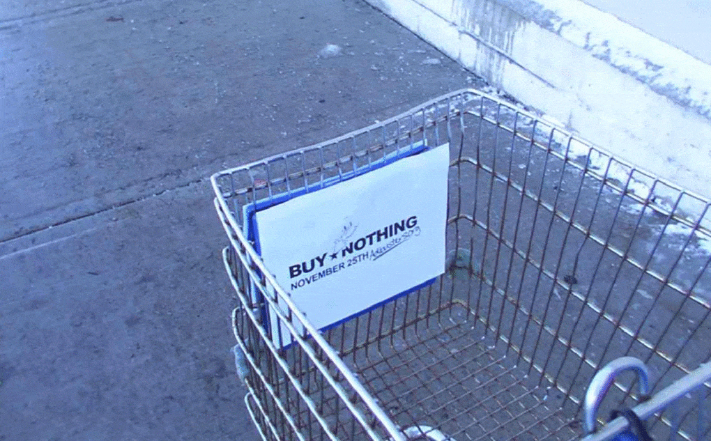 An empty shopping cart at Walmart on Buy Nothing Day, ca. 2005. 