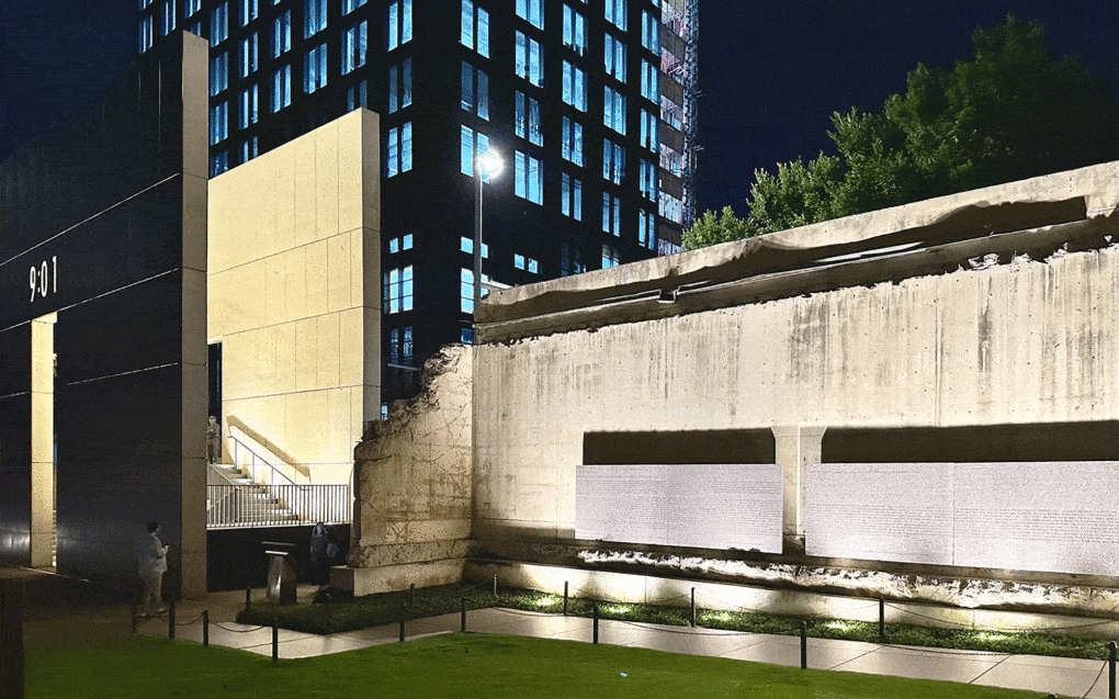 Oklahoma City National Memorial, east entrance with 9:01 Gate and Survivor Wall.