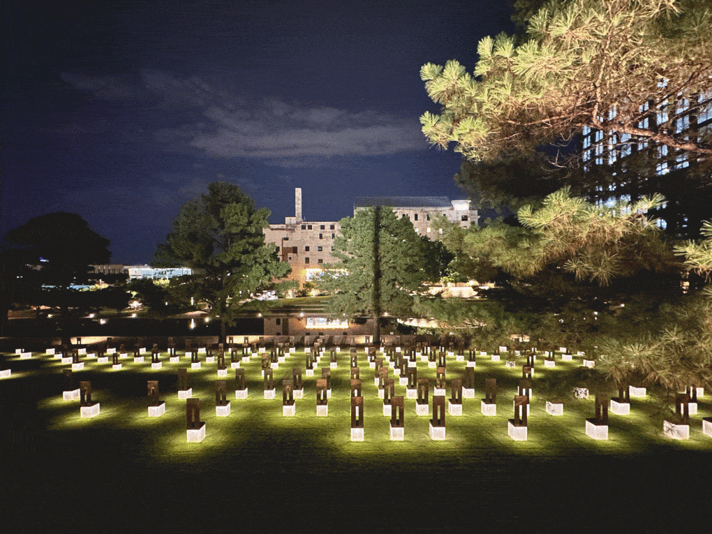 Oklahoma City National Memorial, Field of Empty Chairs, looking north from Murrah Plaza, June 2024.