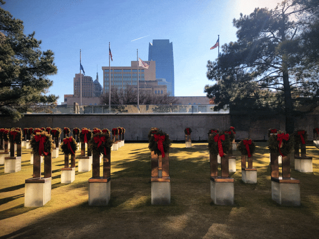 Oklahoma City National Memorial, Field of Empty Chairs, looking south toward downtown.