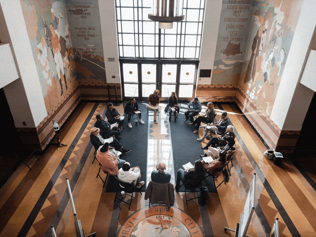 Public mediation event about a racist 1939 Public Works Administration mural in Santa Monica City Hall, organized by Rosten Woo in collaboration with Indigenous youth arts organization Meztli Projects, sponsored by Santa Monica Cultural Affairs, 2024.