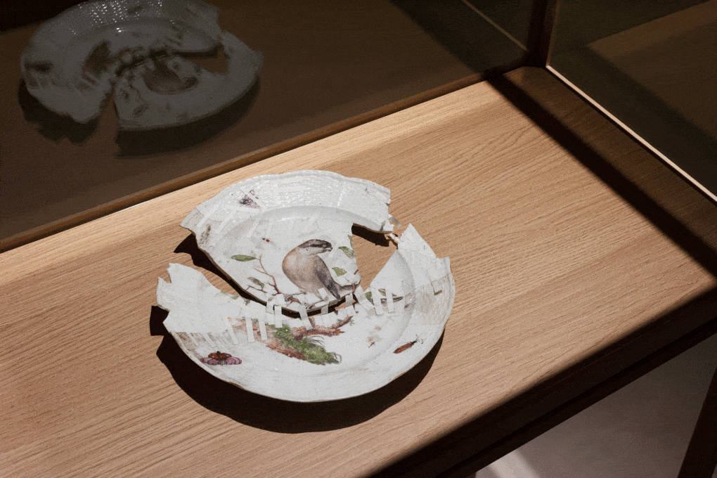 Edmund de Waal, Meissen plates from the von Klemperer Collection (installation view Japanisches Palais, SKD, Dresden), 2024. Kintsugi repair by Maiko Tsutsumi.
