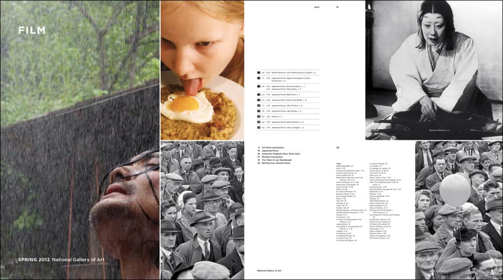 Color and black-and-white film stills with text from a brochure.