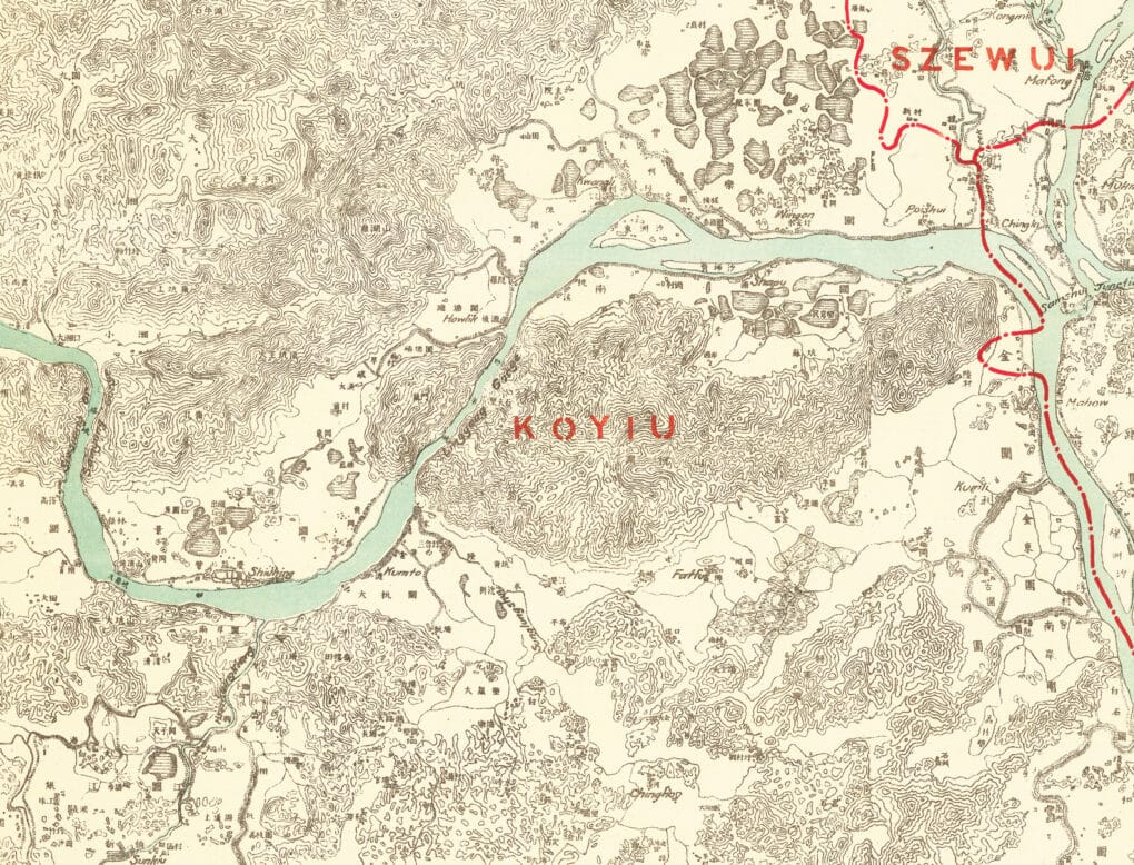 Map with central river and many tiny black squiggly lines, representing dykes.