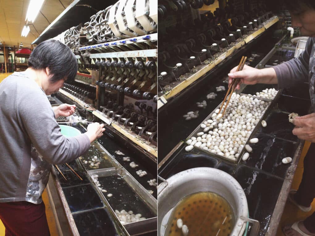 A woman is leaning over a container of water, using chopsticks to stir small white round cocoons, and apparently moving them to another container of water.