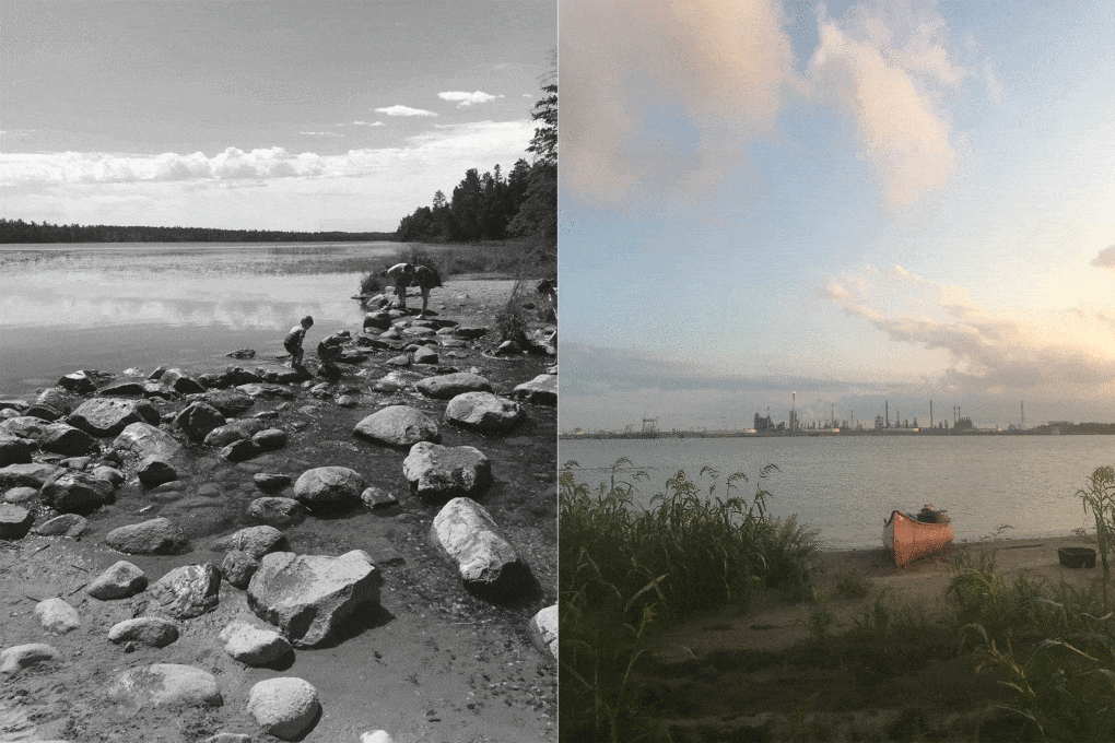Left: The Mississippi headwaters at Omushkos, Itasca County, Minnesota. Right: The Dow Chemical plant, seen from the head of the Bonnet Carre Spillway, St. Charles Parish, Louisiana.