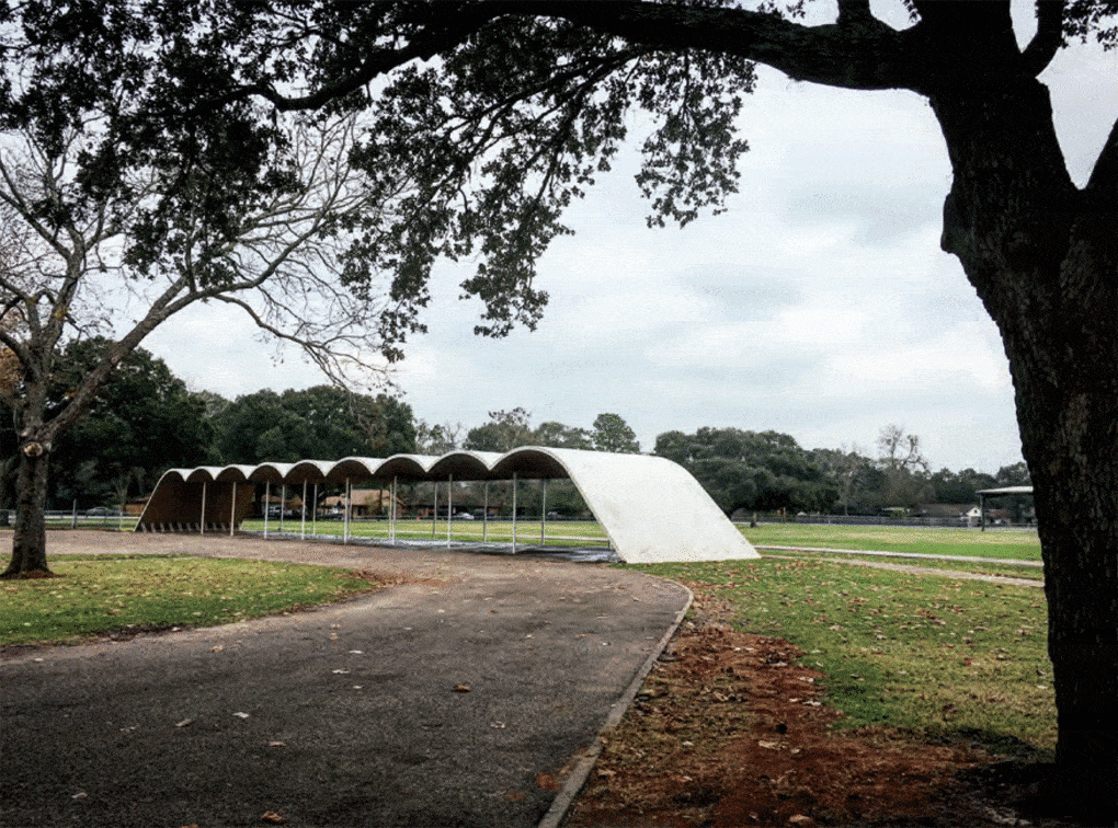 Donald Barthelme and Associates, Car and bus drop-off pavilion, West Columbia Elementary School, West Columbia, 1951. Photo by Ben Koursh, from Home, Heat, Money, God.