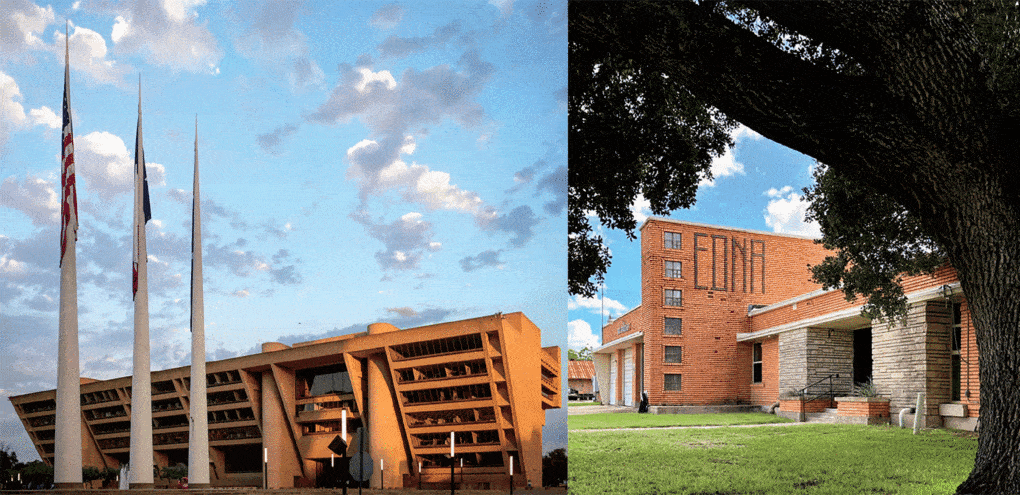 Left: I. M. Pei and Partners, with Harper and Kemp, Dallas City Hall, Dallas, 1978. Right: MacKie and Kamrath, Edna Police and Fire Department, Edna, 1947. Photos by Ben Koush, from Home, Heat, Money, God.