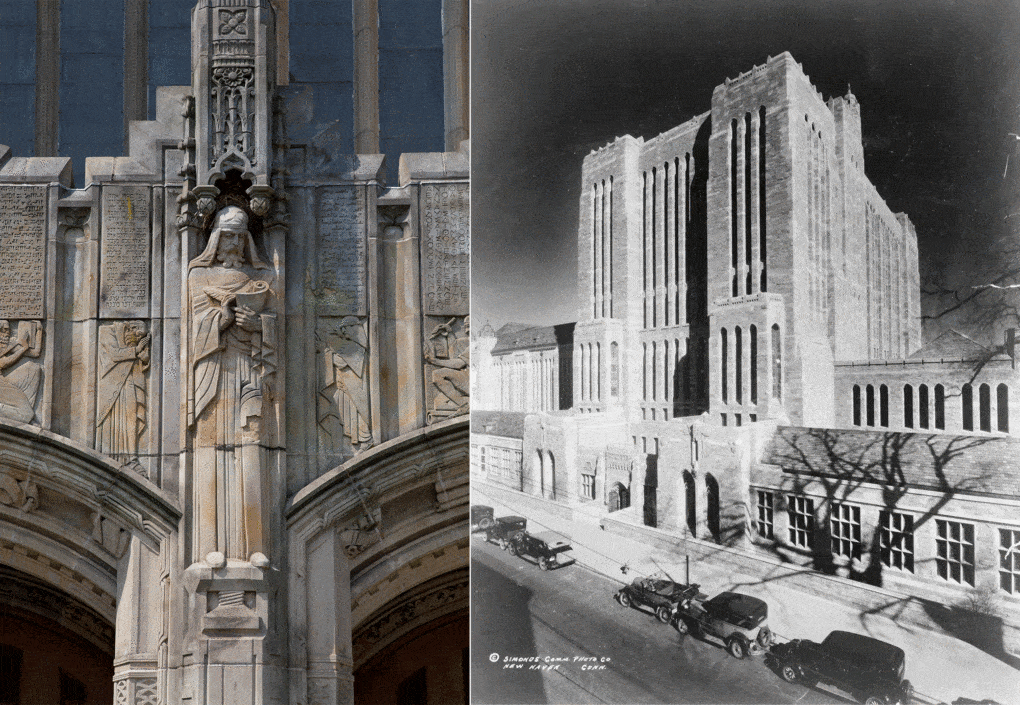 Left: Sterling Memorial Library, Yale University, bas-relief of medieval scholar above the main doors, 2011. Right: Sterling Memorial Library, ca. 1931, soon after construction.