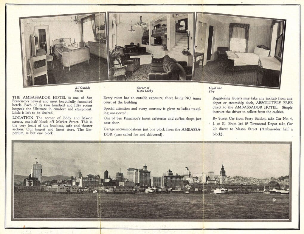 Front and back of tri-fold brochure, featuring pictures of exterior facade, interior furnished rooms, and a view of the San Francisco Bay. 