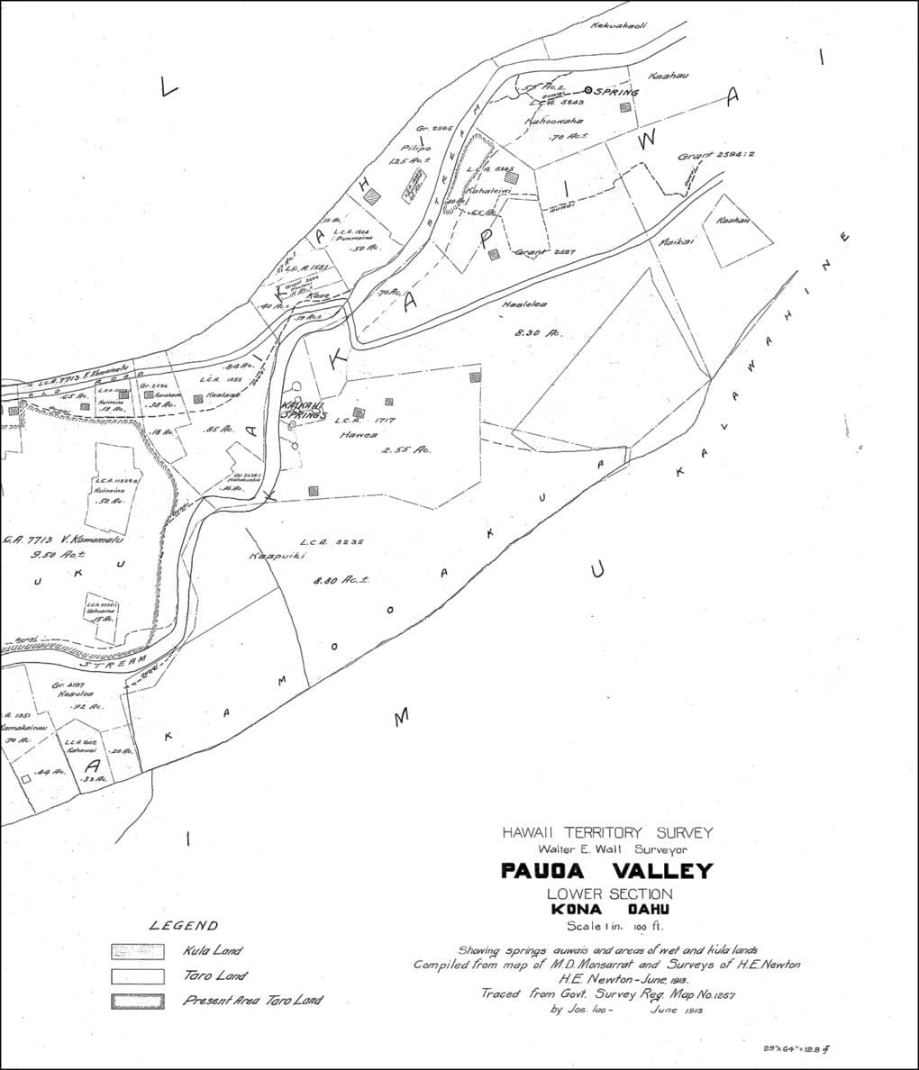 Black and white line-drawn map titled "Pauoa Valley: Lower Section."