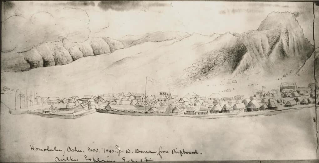 Ink sketch of small town at the foot of looming mountains, with handwritten caption reading "Honolulu, Oahu, Nov. 1840."