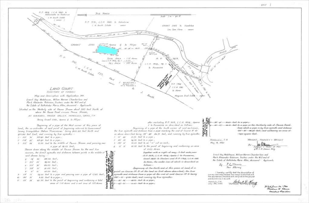 Hand-drawn map with detailed handwritten text in English, and small map, on which a small trapezoidal area is tinted blue.