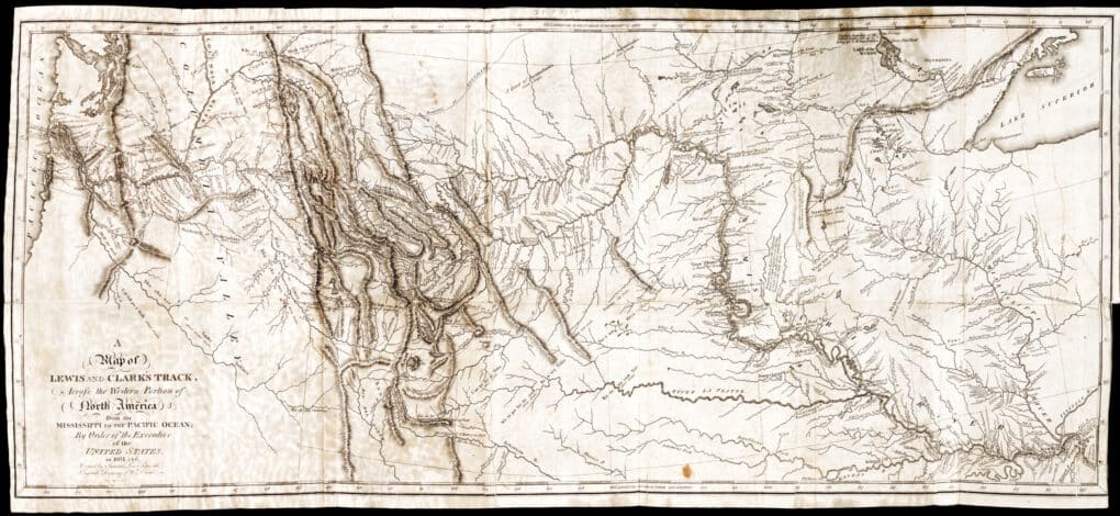 Detailed, large map of western United States, with mountain ranges marked in relief, and rivers prominent. 