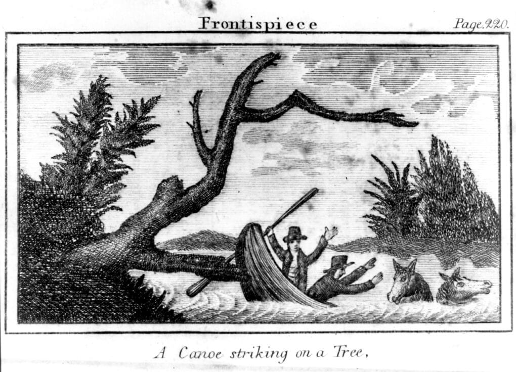 Engraving of a boat being capsized after hitting a tree that extends into the river. There are two horses and two men who seem to be drowning. 