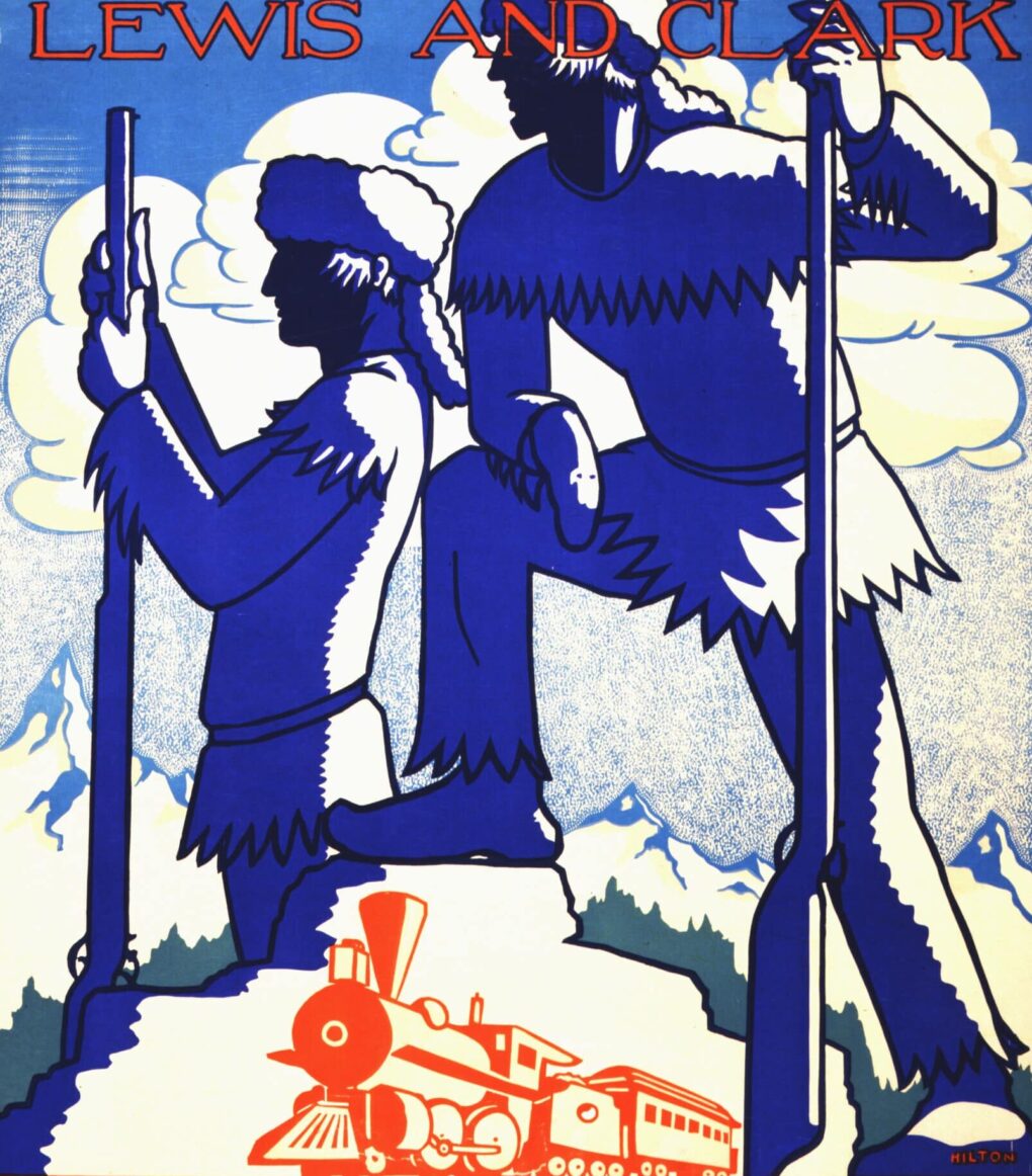 Railroad promotion poster for Lewis and Clark line with high contrast graphic, and large, blue illustrations of Lewis and Clark. 