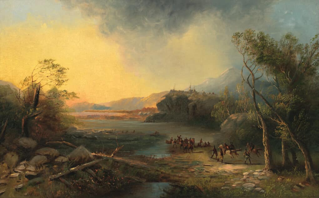 Soft focus, picturesque landscape painting with tiny figures of Native Americans and horses near a river. 