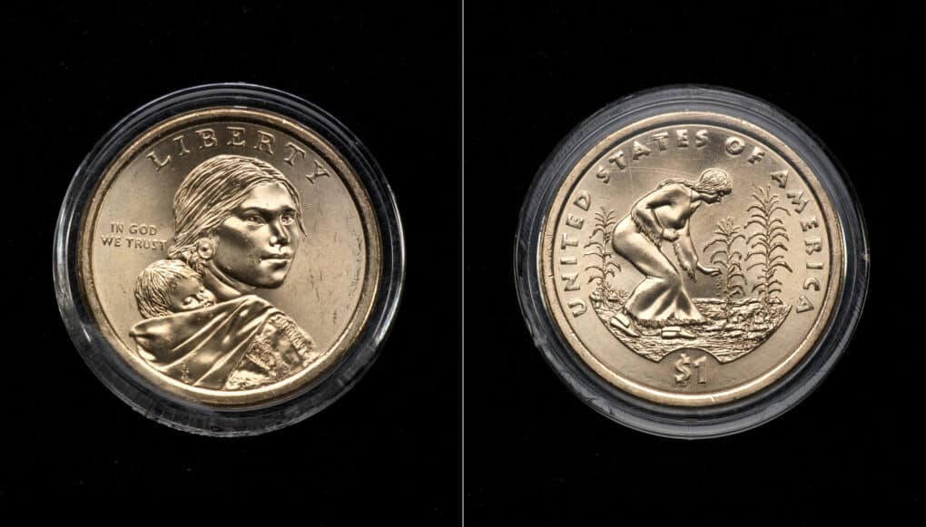 Two pictures of the front and back of the Sacagawea dollar coin. The front shows a bust of a woman with a baby on her back; the front shows a woman collecting plants. 