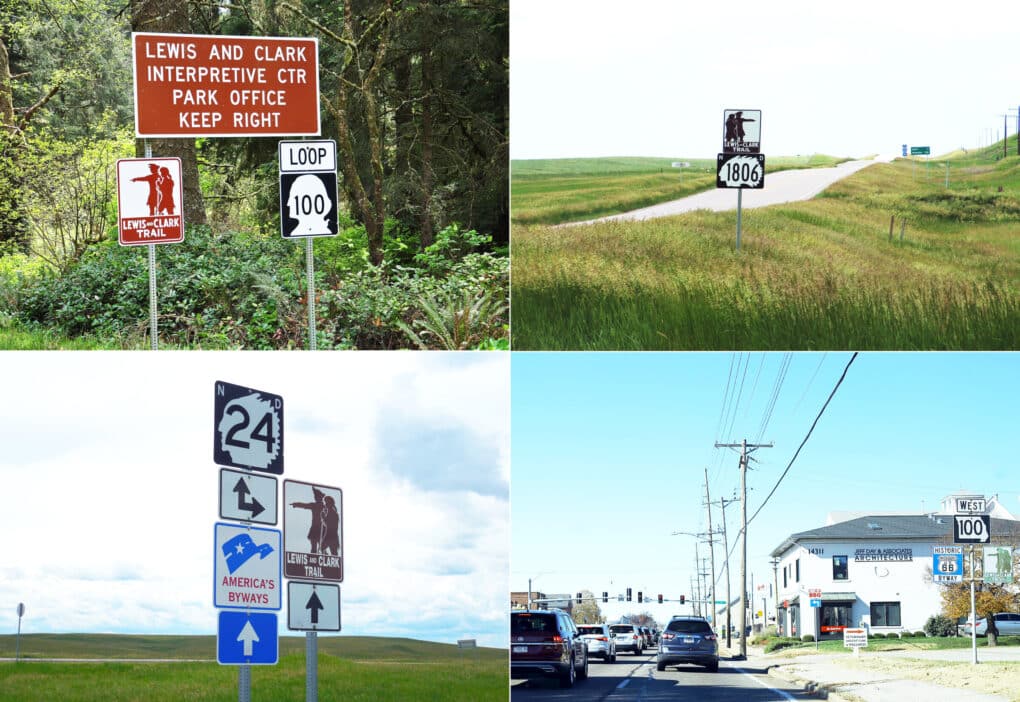 Grid of 4 color pictures of Lewis and Clark Trail signs in different landscapes, including a forest, a suburban street, and meadow land.