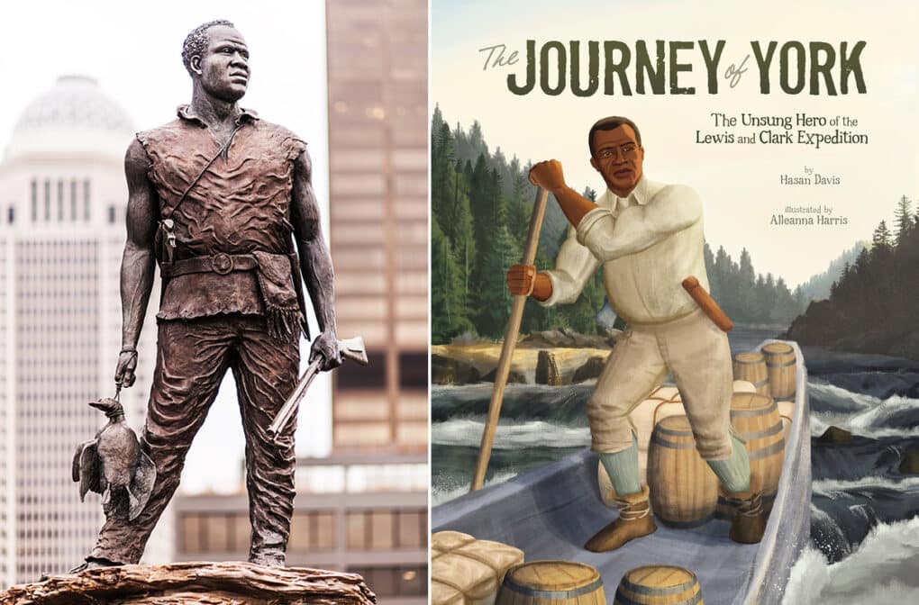 Picture on left is a sculpture of a black man carrying a bird he's shot, a gun, wearing a leather pouch and tunic. Picture on right is the cover of a children's book, The Journey of York, with a realistic illustration or a black man rowing a boat.