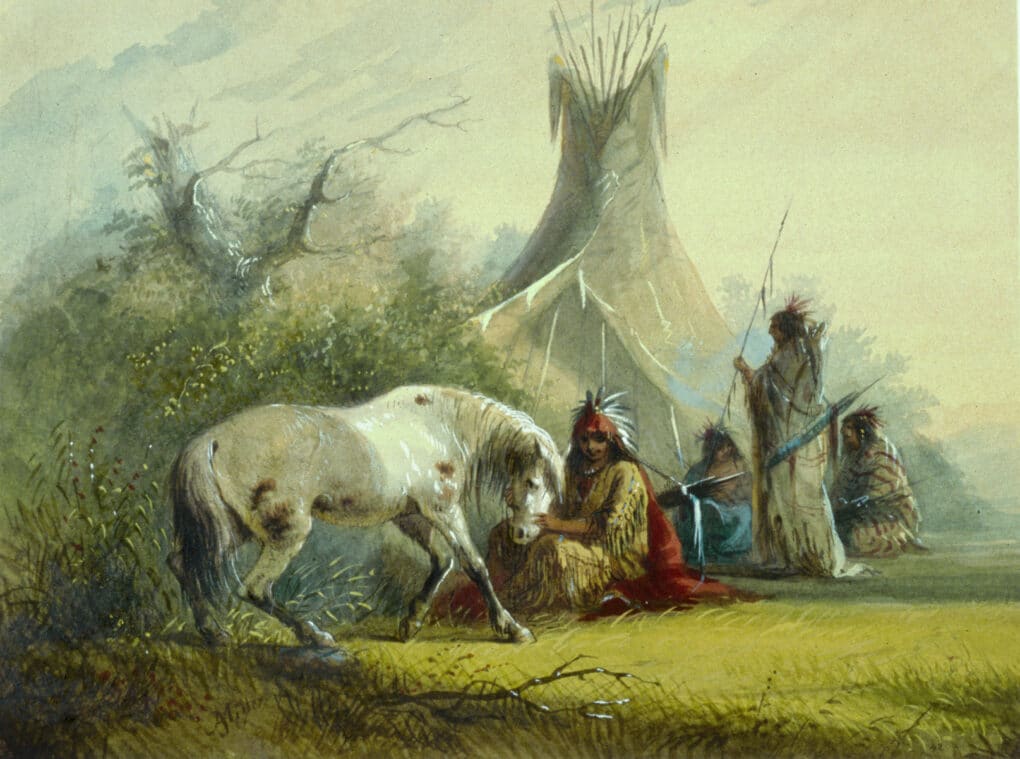 Soft focus painting of a man in stereotypically Indian dress, including feathered headdress, sitting on the ground and rubbing the nose of a horse. A teepee and other Native Americans are in the background. 