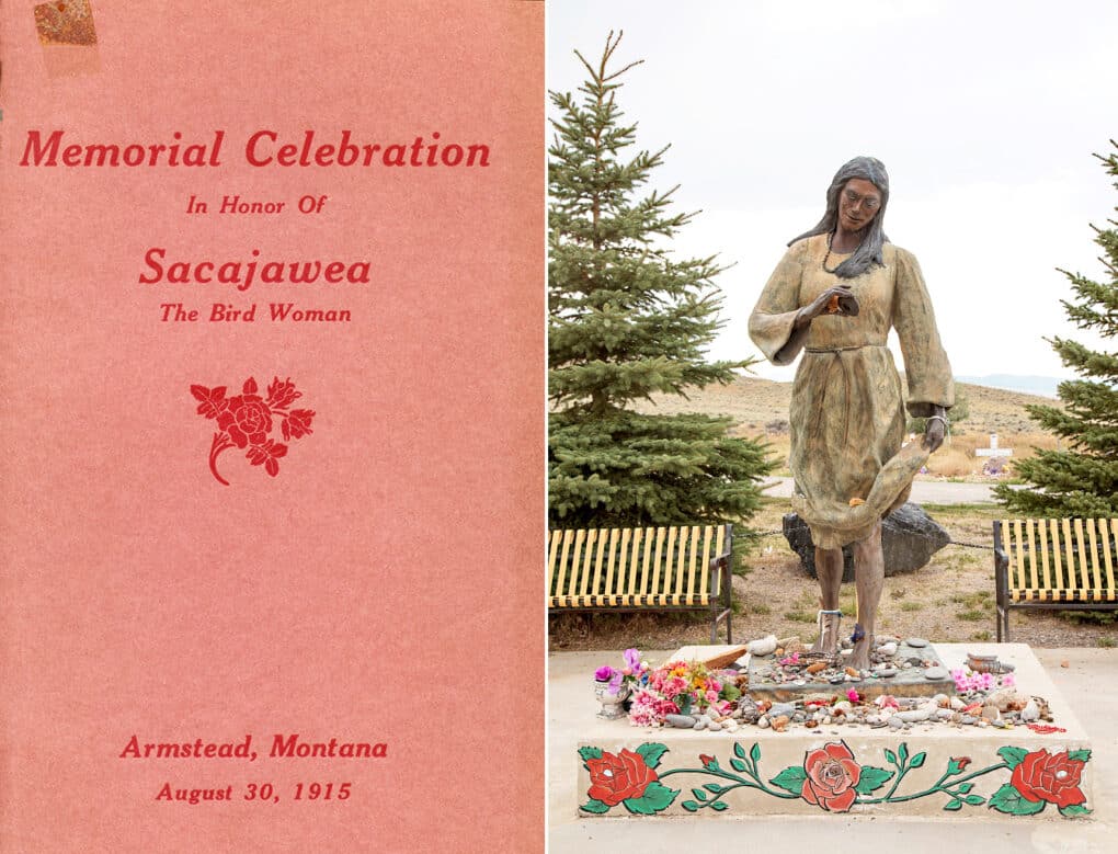 On the left is the cover of a small booklet, pink and red, announcing a Memorial Celebration Program for "Sacajawea, the Bird Woman." On the right is a statue of Sacagawea, gently looking downward and surrounded by flowers and rocks and other memorial objects. 