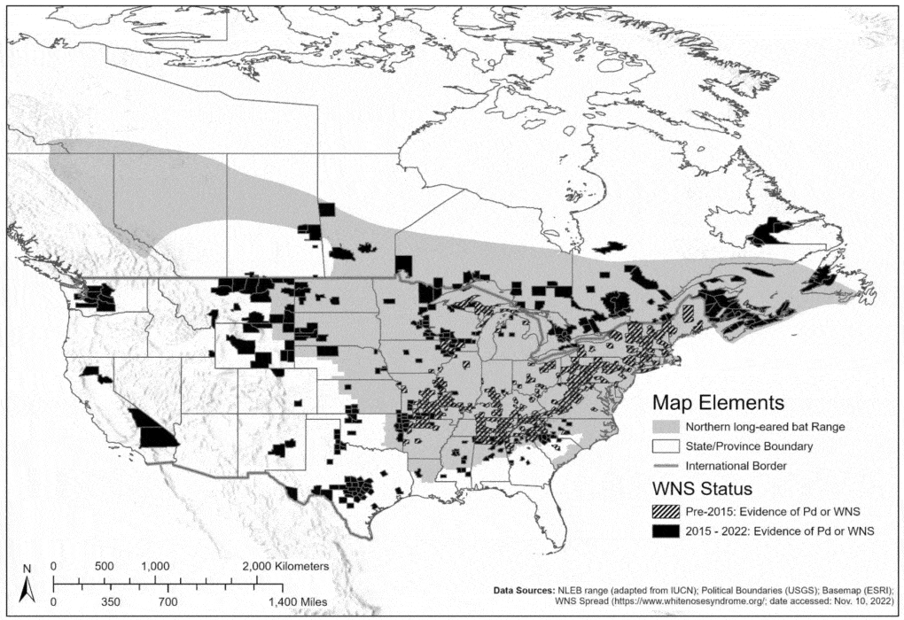 From the Fish and Wildlife Service, U.S. Department of the Interior, Endangered Species Status for Northern Long-Eared Bats, 2022: A map showing the spread of white-nose syndrome across North America.