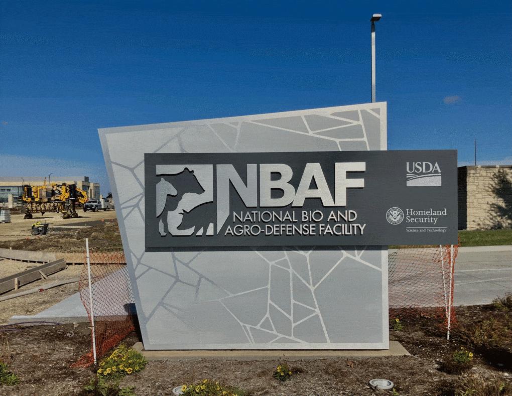 Sign at the National Bio and Agro Defense Facility is a recently opened research laboratory in Manhattan, Kansas.