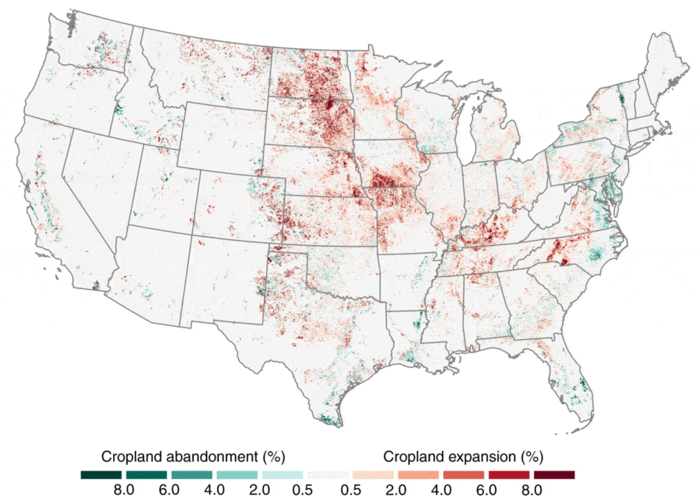 A map of the United States showing cropland expansion into grasslands, "at high costs to wildlife." The article was published by Nature Communications.