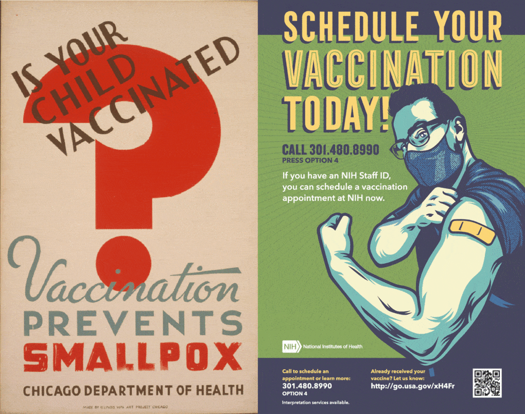 Left: Chicago Department of Public Health poster, ca. 1936–41, created by the Illinois WPA Art Project. Right: Covid-19 poster, created for the National Institutes of Public Health, 2020.