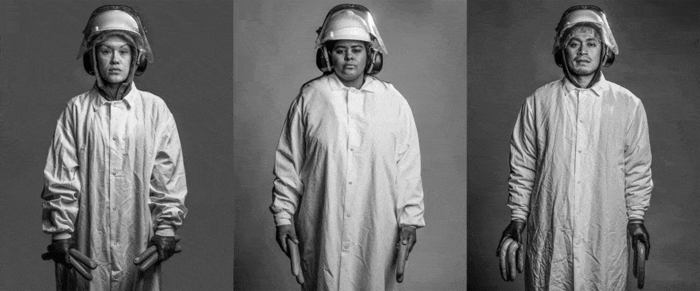 199247, 597234, and 208913, by Dylan Connell, from the series "Smithfield Foods." The portraits depict meatpackers in a Smithfield plant in Kansas.