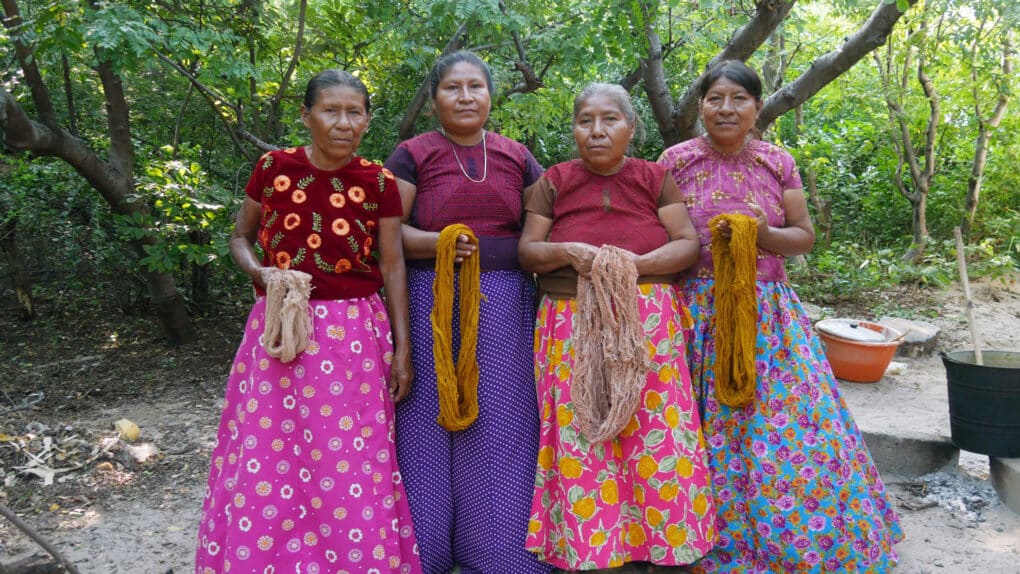 Color photograph of four Mayan women, wearing colorfully printed skirts and blouses, each holding a skein of dyed wool yarn. They are outdoors, and behind them is thick green foliage.