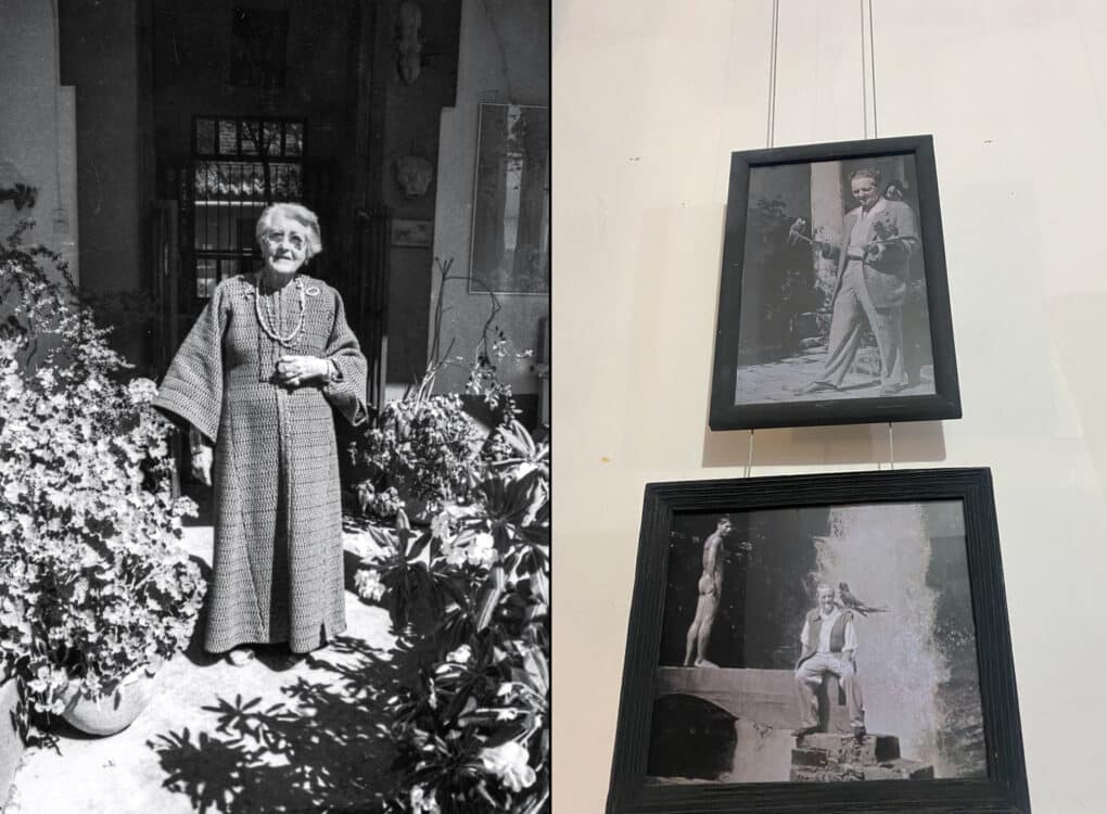 Composite of two black-and-white photographs. On the left, an elderly woman in a full-length heavy dress, with jewelry, standing in a lush garden; on the right, two framed photographs of a middle-aged man.