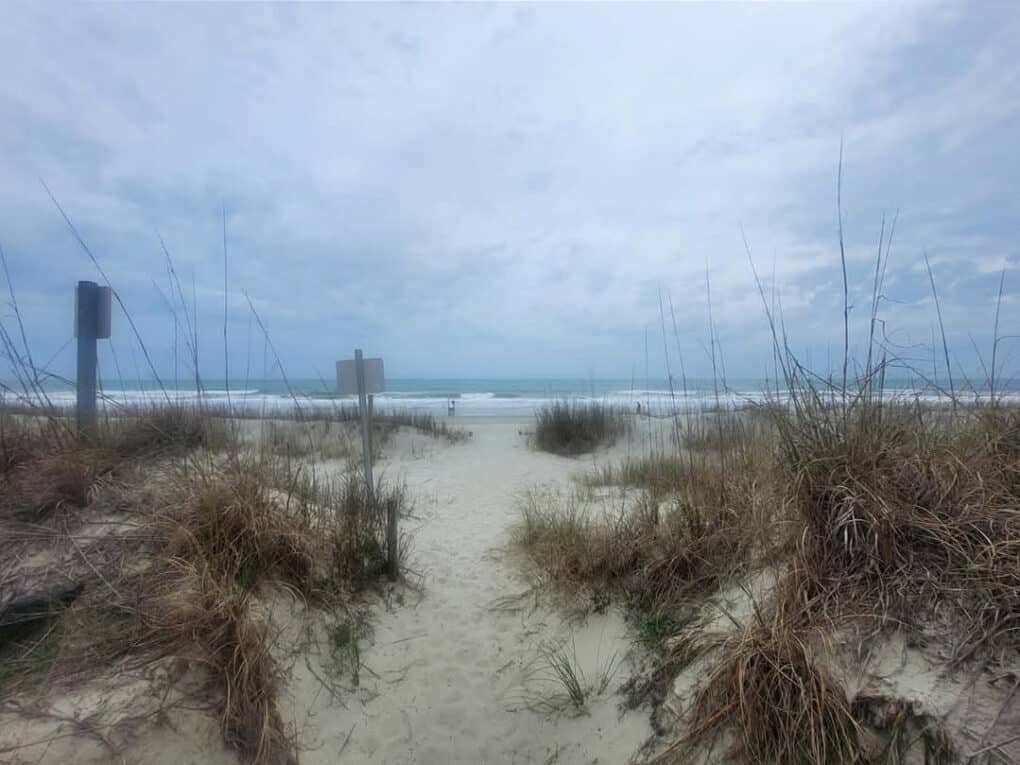 Color photograph of path through grassy sand to the ocean on a cloudy day.