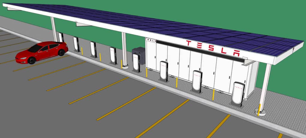 Color rendering of red car in parking lot beside EV charging stations and block-like battery array under solar-panel canopy.