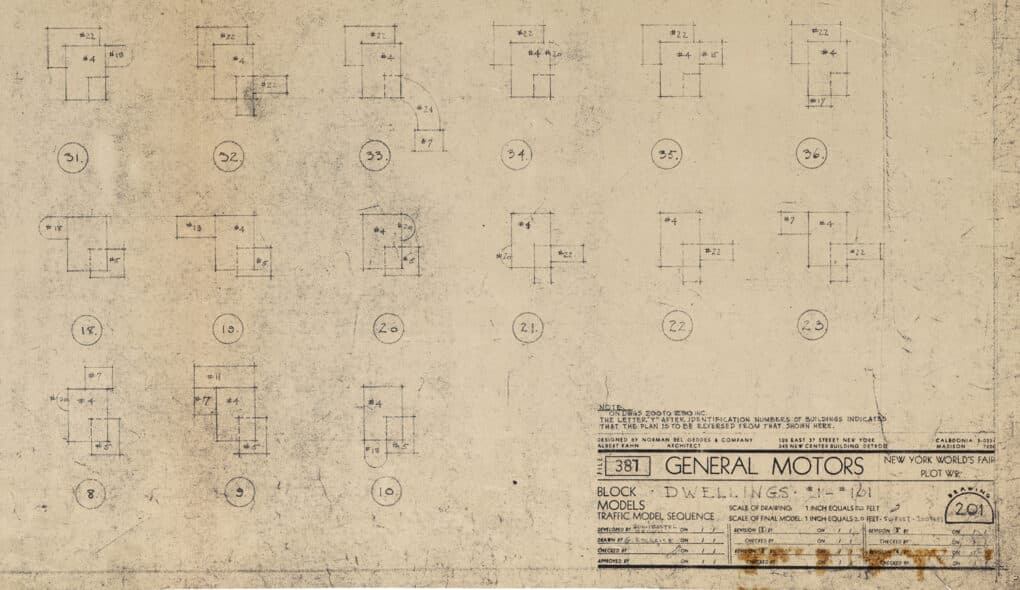Detail of sepia-toned blueprint showing three rows of dwellings seen from above, each with a different arrangement of house and garage plan.