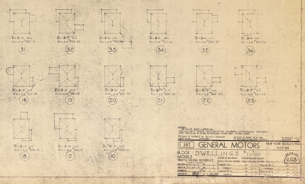 Detail of sepia-toned blueprint showing three rows of houses seen from above, each with a different roof plan.