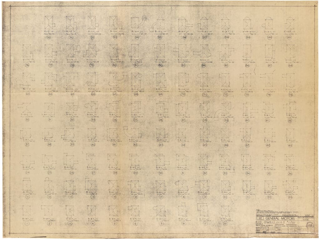 Sepia-toned blueprint showing eight rows of houses seen from above, each with a different roof plan.